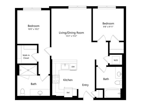 Floor plan for 2 beds, 2 baths, 934 sqft